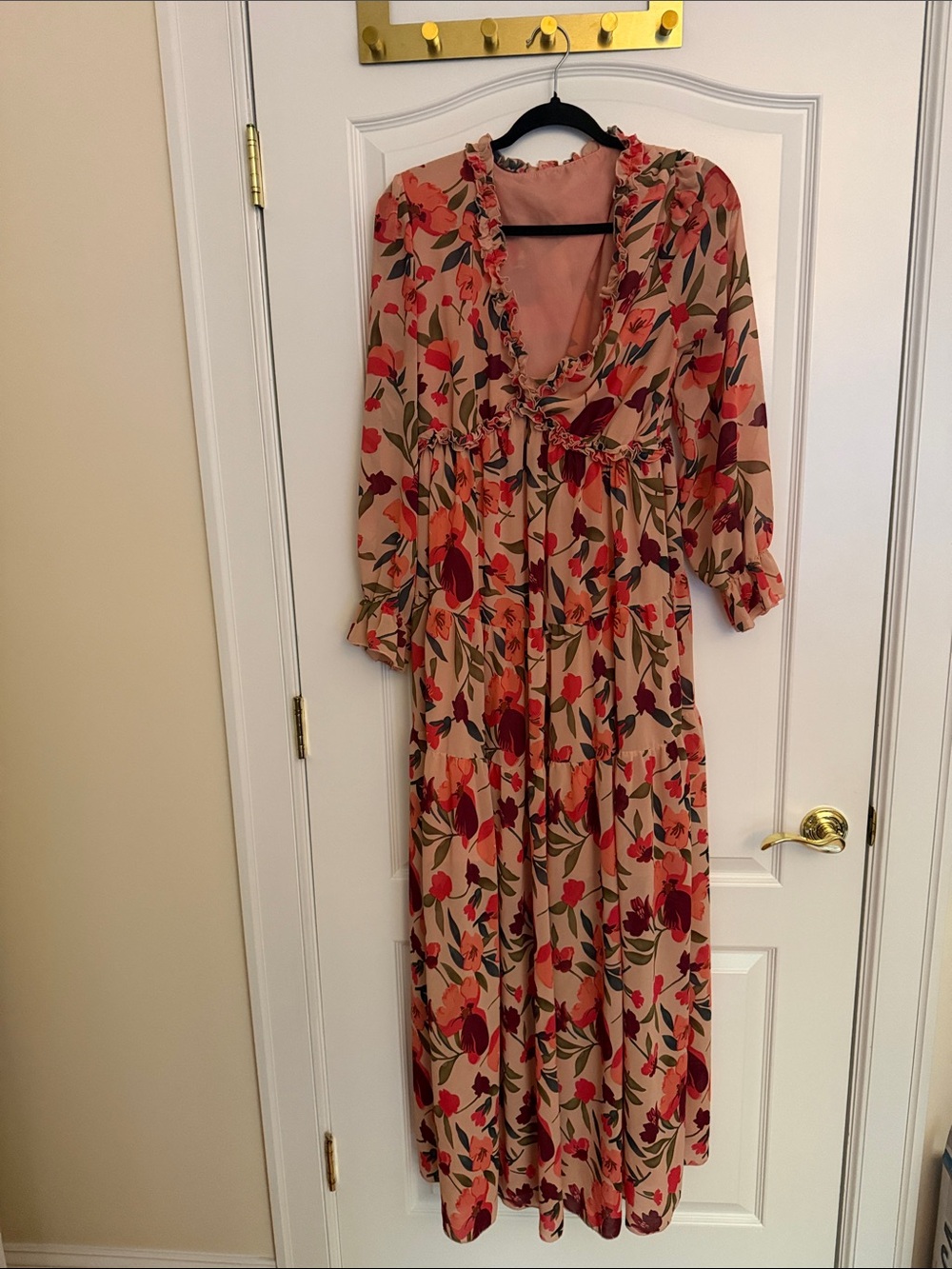 Floral Ruffle-Trim Maxi Dress in Blush with Red & Green Print